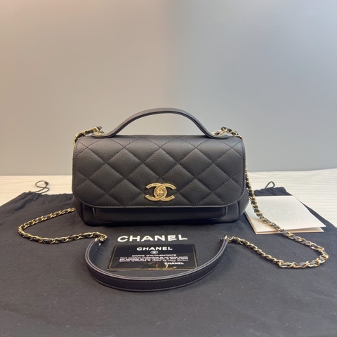 鐳射標 98新 香奈兒/Chanel 手柄郵差包 黑金 荔枝牛皮
