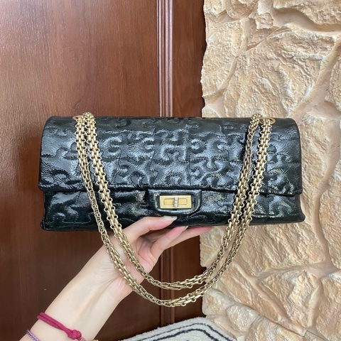 Chanel 限量款拼圖 2.55雙翻蓋鏈條包 中號28cm 深海軍藍色 漆皮  98新 正常使用