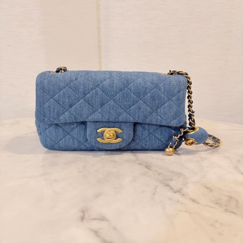 新～Chanel 藍丹寧菱格紋金球方胖