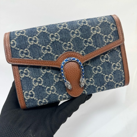 GUCCI 古馳 Dionysus 經典酒神 丹寧/牛仔老花 雙虎頭扣 鍊帶皮夾斜背包 401231