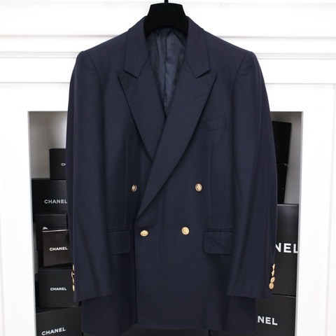 Burberry深蓝色羊毛双排金扣西装上衣外套
