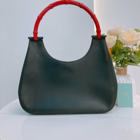 MS0757	Gucci 古馳復古竹子手挽包包 Vintage Red Bamboo Shoulder Bag Calfskin Black
