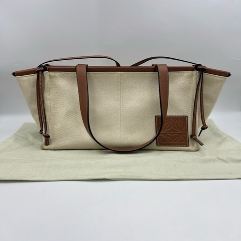 羅意威/LOEWE Cushion Tote帆布托特包 淡燕麥色 磁扣開合 帆布拼牛皮靠墊 手提單肩