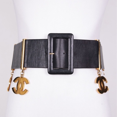 Chanel 93年CC吊坠黑色宽腰带