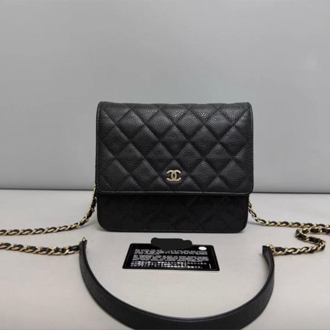 Chanel香奈兒 黑金荔枝紋方雙層woc鏈條包