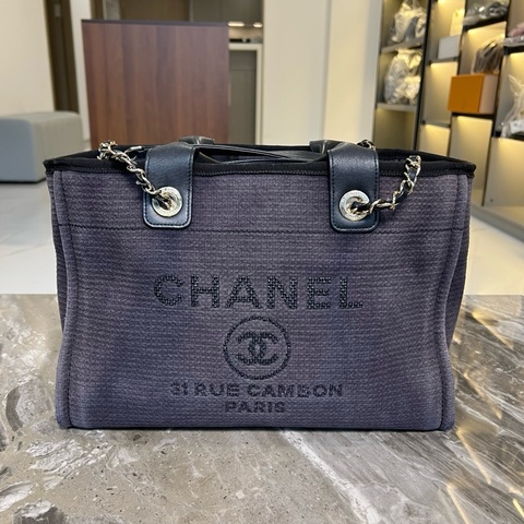 CHANEL 香奈兒 純色帆布針織沙灘包 黑色 芯片款