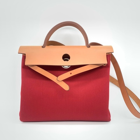 Hermes/愛馬仕Herbag 31胭脂紅帆布拼棕手提包單肩包斜挎包