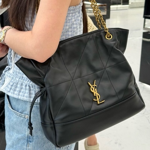 YSL 聖羅蘭 Jamie 小福袋黑色羊皮革托特包Tote包購物袋手提單肩包 金扣