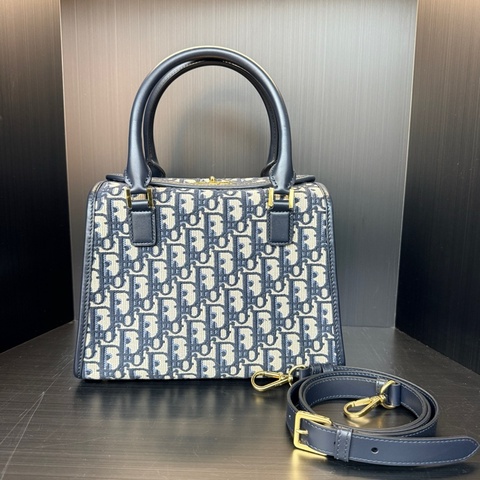 迪奧/Dior Boston 藍色經典老花波士頓手提包斜背包單肩包 中號
