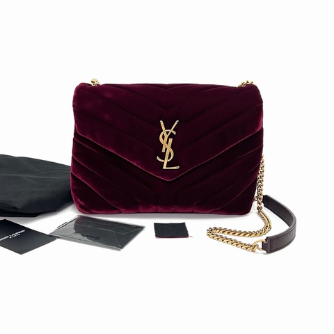 【威選精品】❤️ YSL 酒紅色金扣絲絨 LOULOU 肩背斜背包