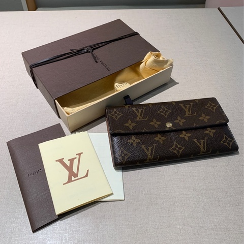 台北101購入正品 Louis Vuitton 路易威登 LV 錢包 長夾 老花小金豆 長款錢包經典款發財包 扣式長夾