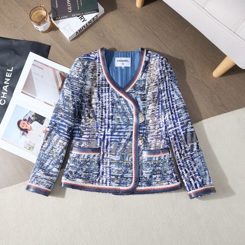 Chanel藍調彩格紋Tweed短外套