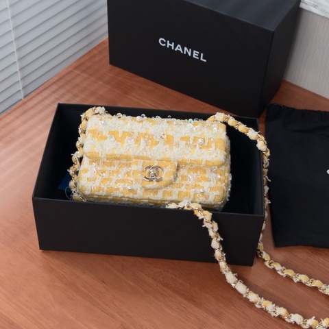 【威選精品】💛 CHANEL 黃色粗花呢串珠大 Mini CF 肩背斜背包 💛