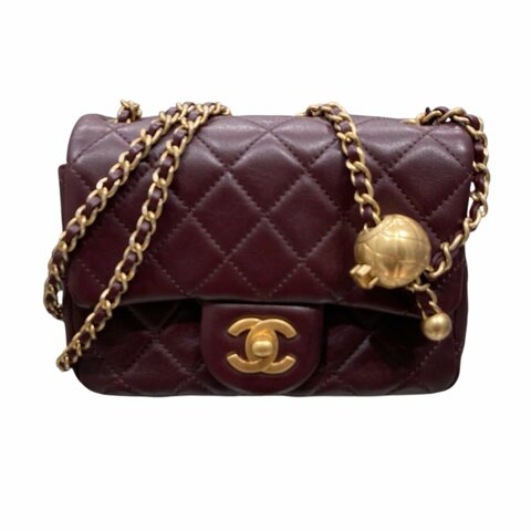 CHANEL 香奈兒 MATELASSE MINI 金球方胖子 羊皮 酒紅色 金釦