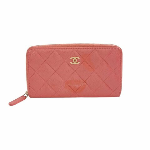 Chanel 牛皮純色菱格絎縫雙C Logo拉鍊錢包
