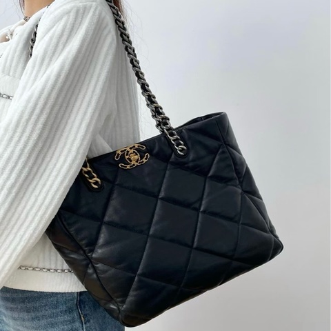 Chanel香奈兒 黑金 芯片19bag托特小羊皮黑金托特包鏈條包