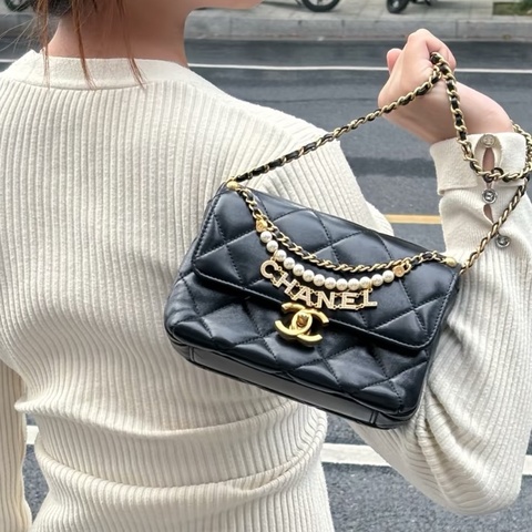 💎Chanel香奈兒｜24A黑金珍珠鏈條方胖子｜98新芯片款