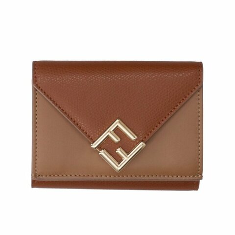 【FENDI 芬迪】Tri-fold FF Diamonds 微型 三摺 皮夾 零錢包 卡夾 短夾 馬鞍棕色 8M0559ALV4F1URW