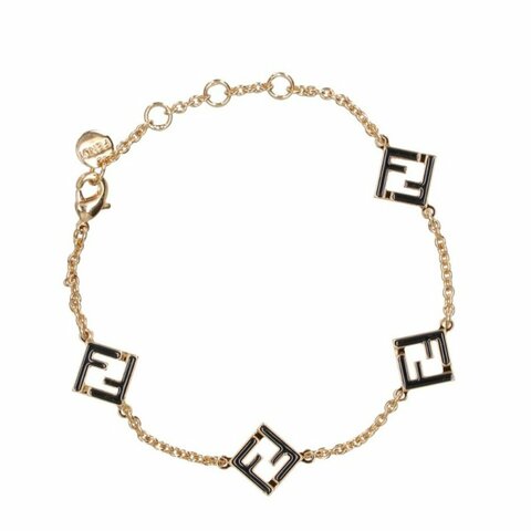 【FENDI 芬迪】Forever 鏤空FF圖案 黑色琺瑯 可調式 金屬手環 手鍊 金色 黑色 8AL492B09F1SD4