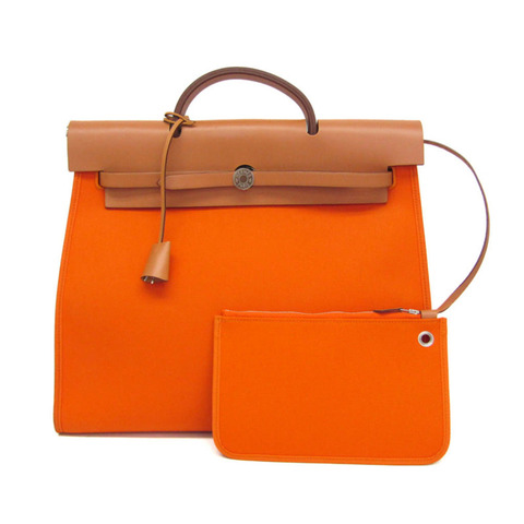 愛馬仕 Her Bag Zip MM 男/女 Toile Officier 帆布手提包/單肩包 米色/橙色