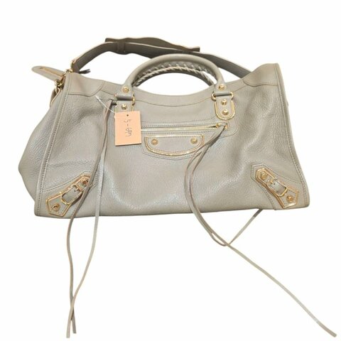 【美收精品】BALENCIAGA 灰銀色牛皮金扣機車包 5-697