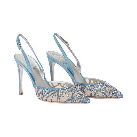 Rene Caovilla Jewel Slingback 水晶高跟鞋 淺藍色麂皮 網紗尖頭細跟 婚鞋 宴會鞋