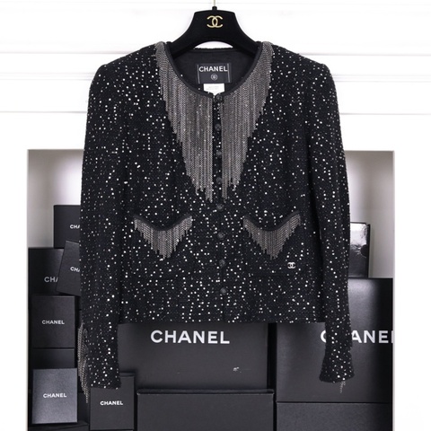 Chanel 02年黑色亮片金属链条流苏滚边猫头鹰扣两口袋上衣外套