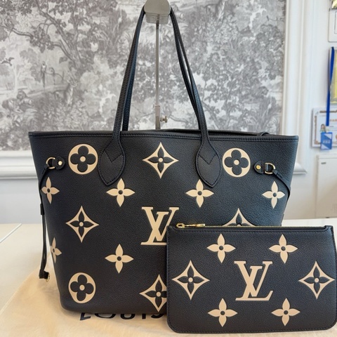 Lv路易威登 黑白neverfull中號 粒面牛皮 托特包tote包購物袋單肩包手提包 純芯片