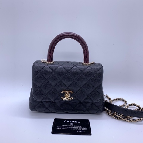香奈兒/Chanel mini cocohandle 蜥蜴皮紅手柄 單肩斜挎手提包 牛皮荔枝紋