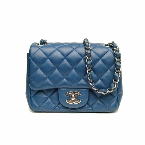 CHANEL CF口蓋包方胖子深藍色羊皮28開銀扣肩背包