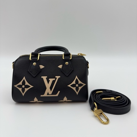 路易威登/Louis Vuitton Nano Speedy，壓紋軟粒面牛皮革手提包單肩包斜挎包 黑色金扣