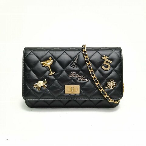 CHANEL 2.55WOC黑色牛皮24開金扣5號徽章菱格紋肩背包