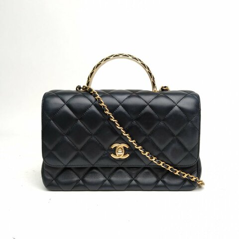 CHANEL 黑色晶片金扣23A金絲編織口蓋包鏈條包肩背包