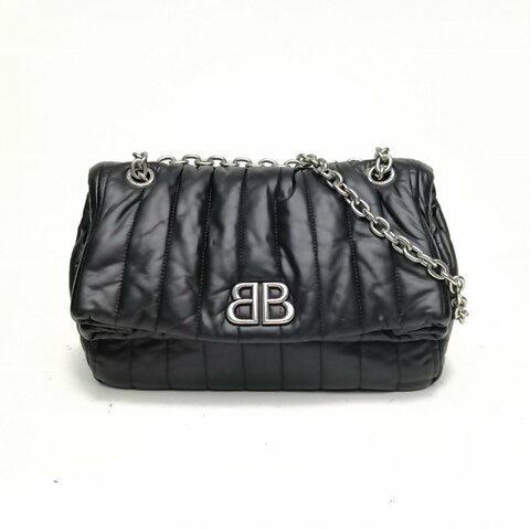 BALENCIAGA 黑色牛皮銀扣monaco豎條紋單肩包肩背包