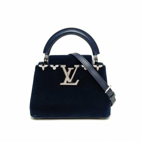 LOUIS VUITTON CapucinesMini藍色絲絨鑽扣晶片天鵝絨肩背包
