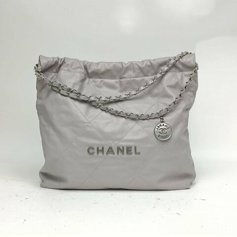 CHANEL 22BagTote托特包中號灰色牛皮晶片銀扣肩背包