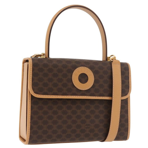 CELINE Macadam帆布手提包 PVC皮革 2way Brown Gold Auth 188357V