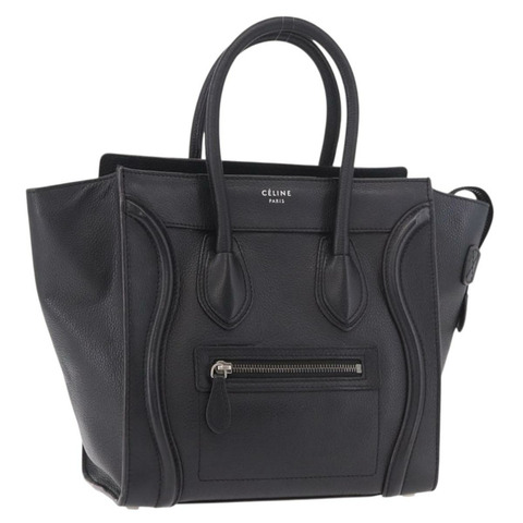 CELINE Luggage Micro Shopper 手提包，黑色/銀色皮革，正品，貨號 188371SAM