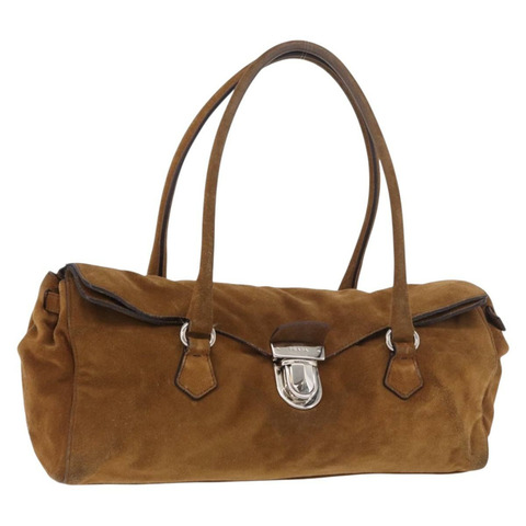 PRADA 棕色銀色麂皮手提包，正品 188213SAV