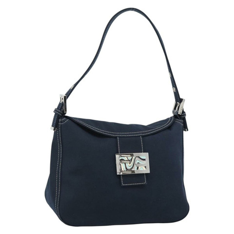 FENDI Mamma Baguette 肩背包 帆布 海軍藍 銀色 正品 187955V