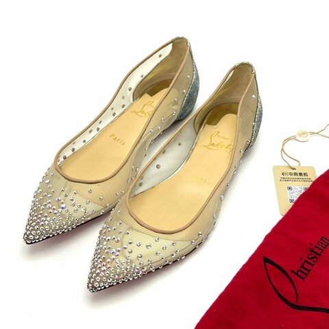 Christian Louboutin/路鉑廷紅底尖頭網紗水鑽37碼平底鞋