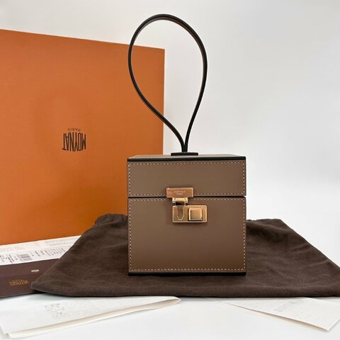 MOYNAT/莫奈棕色金扣mini vanity盒子包手提晚宴包