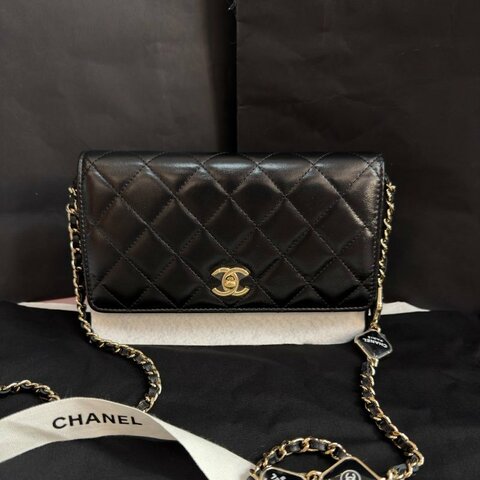 近新品 香奈兒/Chanel WOC黑金油蠟皮鏈條肩背斜背包
