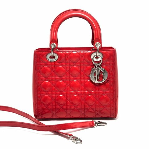 DIOR/迪奧紅銀五格漆皮戴妃手提单肩包