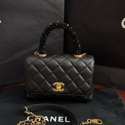 近新品 香奈兒/Chanel Coco Handle 迷你黑色水鑽牛皮 手提斜背包 芯片款