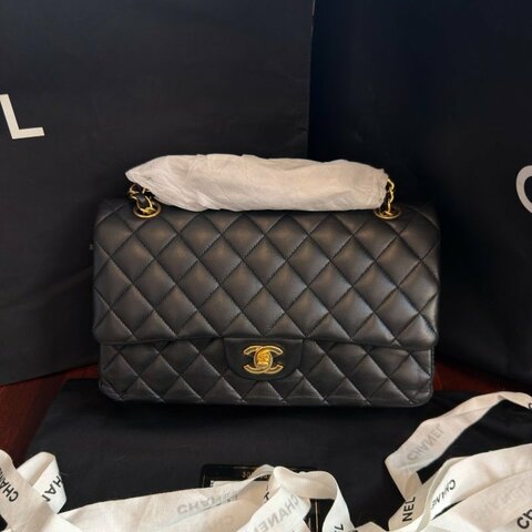 近新品 香奈兒/Chanel CF黑金羊皮中號經典菱格紋鏈條包