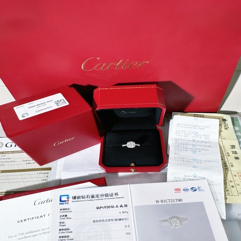 Cartier卡地亞 Destinee系列 PT950鉑金圍鑲鑽一克拉枕形鑽石戒指，52碼，主鑽1.15ct
