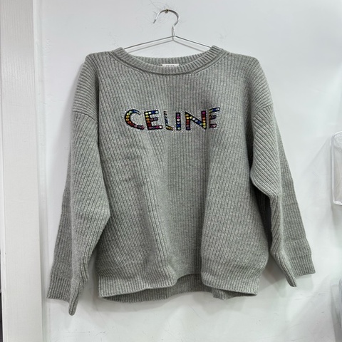 CELINE 新款灰色水鑽字母logo毛衣 M碼