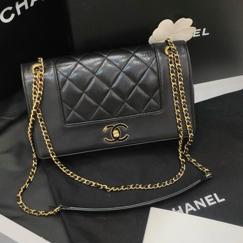 Chanel香奈兒 黑金小號 琺瑯扣菱格紋單肩包斜挎包 底長21cm
