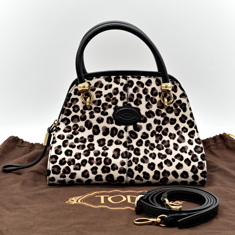 Tods Sella 小馬毛拼接黑色豹紋肩背包